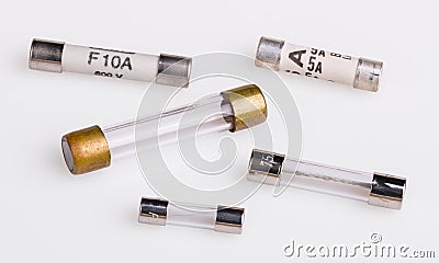 Set of miniature electrical fuses for overcurrent protection in electronics Stock Photo