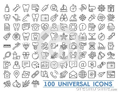 Set of 100 Minimal Thin Line and Solid Icons Multimedia Business Ecology Education Fitness Medical Family Shopping Vector Illustration