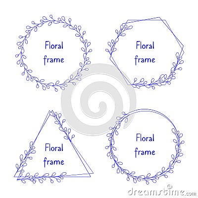 Set of minimalist herbal wreaths in different shapes. Vector hand drawn line art graphics for logo, monogram design Vector Illustration