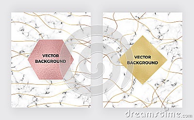 Set minimalist white marble with gold lines and foil texture. Luxury cover templates. Cover design for placards, banners, party, b Stock Photo