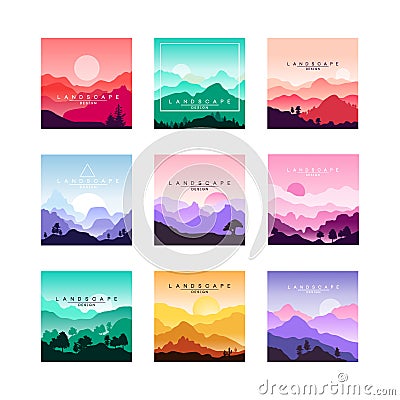 Set of minimalistic flat original landscapes design with mountains, hills, forest. Vector collection of nature Vector Illustration