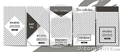 Set of minimalistic monochrome stories temlate design for Instagram. Social media unique content creating. Modern white Vector Illustration