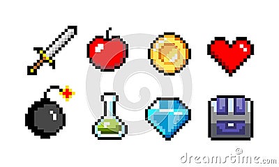 Set of minimalistic pixel art vector objects isolated. Sword, coin, potion, heart Vector Illustration