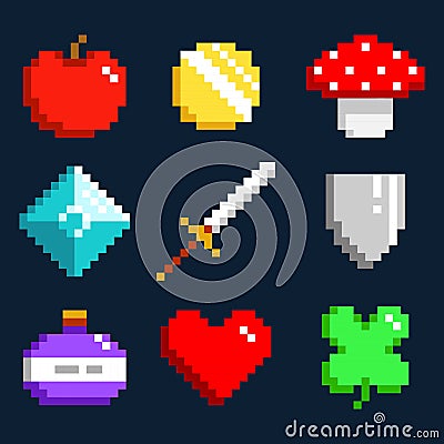 Set of minimalistic pixel game objects Vector Illustration