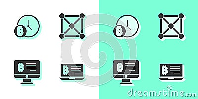 Set Mining bitcoin from laptop, Bitcoin with clock, monitor and Blockchain technology icon. Vector Vector Illustration