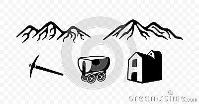 Set mining industry, mountains, mine, mine cart and pickaxe, graphic design Vector Illustration