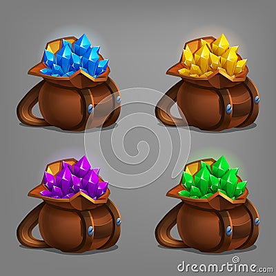 Set of mining minerals in leather bag. Golden ore, gems, crystals and stones. Vector Illustration