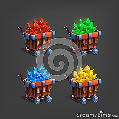 Set of mining minerals in mine trolley. Golden ore, gems, crystals and stones. Vector Illustration