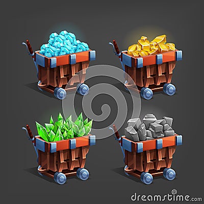 Set of mining minerals in mine trolley. Golden ore, gems, crystals and stones. Vector Illustration