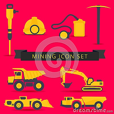 Set of mining theme icons of yellow and grey colors on a red bac Vector Illustration