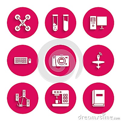 Set Mirrorless camera, Coffee machine, User manual, UAV Drone, Computer network, Keyboard and mouse, monitor and flying Vector Illustration