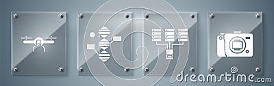 Set Mirrorless camera, Server, Data, Web Hosting, DNA symbol and Drone flying. Square glass panels. Vector Vector Illustration