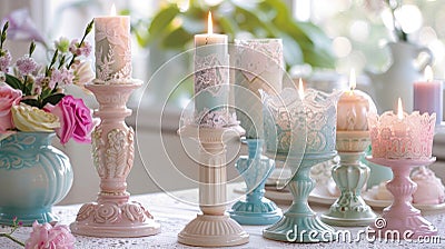 A set of mismatched candleholders each with its own unique lace and pastel design adding a touch of whimsy to a Stock Photo
