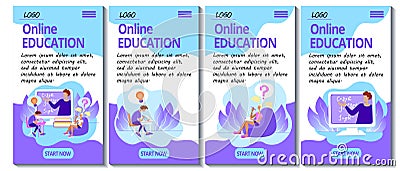 Set of 4 mobile app page templates. Mobile version of the E-learning site. Home education concept. Teacher and students study Cartoon Illustration