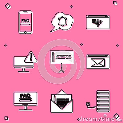 Set Mobile with FAQ information, Speech bubble chat notification, No Internet connection, Monitor exclamation mark Stock Photo