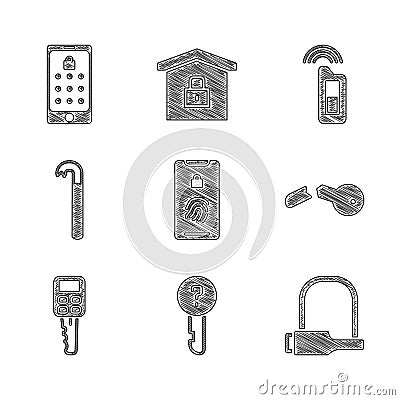 Set Mobile with fingerprint scan, Undefined key, Bicycle lock, Broken, Car remote, Crowbar, and and graphic password Vector Illustration