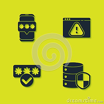 Set Mobile and password, Server with shield, Password protection and Browser exclamation mark icon. Vector Vector Illustration