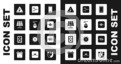 Set Mobile phone, Computer mouse, Solar energy panel, High voltage, Voltmeter, Switch in electronic circuit, Resistor Stock Photo
