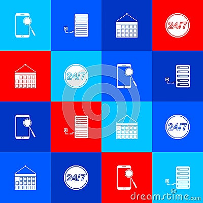 Set Mobile phone diagnostics, Server, Calendar and Clock 24 hours icon. Vector Vector Illustration