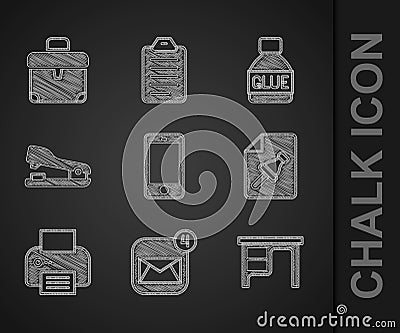 Set Mobile phone, Envelope, Office desk, Note paper with push button, Printer, Stapler, Glue and Briefcase icon. Vector Vector Illustration