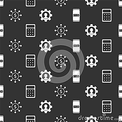 Set Mobile phone SEO optimization, Calculator, Dollar, share, network and Human with gear inside on seamless pattern Vector Illustration