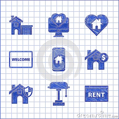 Set Mobile phone with smart home, Table lamp, Hanging sign text Online Rent, House dollar symbol, shield, Doormat the Vector Illustration