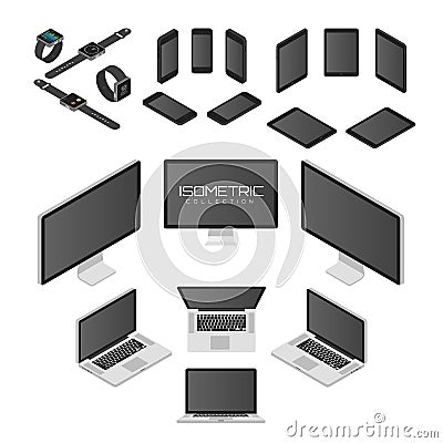 Set of Mobile phone, smart watch, tablet, laptop, computer from four sides icon set graphic illustration. Isometric view of Cartoon Illustration