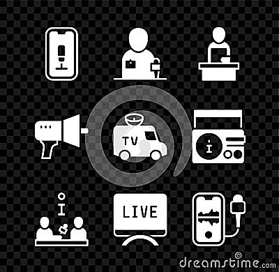 Set Mobile recording, Journalist news, Breaking, Interview, Live report, Megaphone and TV News car icon. Vector Vector Illustration