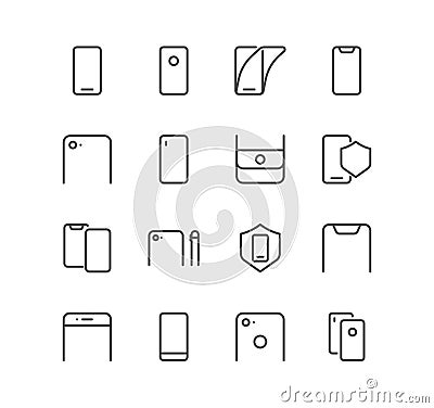 Set of mobile and smartphone icons, screen protection, protection, shield, repair, camera, case. Vector Illustration