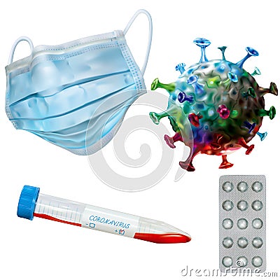 Set of model coronavirus, protective mask, microbiological tube and pills blister Vector Illustration