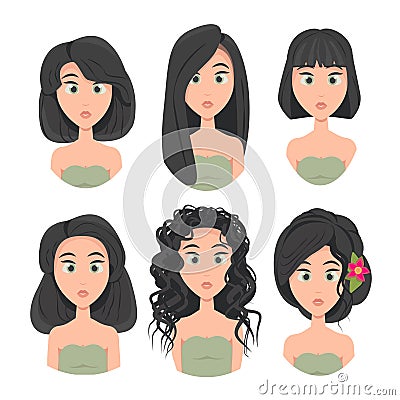 Set of model haircuts and hairstyles, portrait of a girl with different haircuts, hair length, girls avatars, vector Vector Illustration