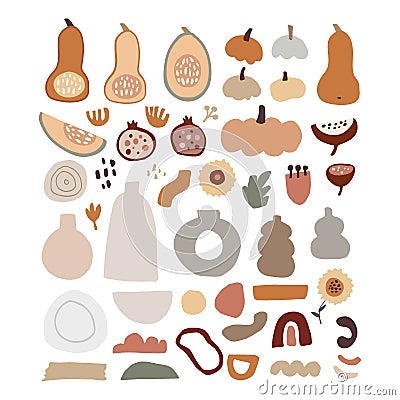 Set of modern abstract hand-drawn autumn elements. Pumpkins, squash vegetable, pomegranate fruit and flowers. Rainbow Vector Illustration