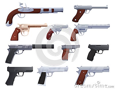 Set of modern and ancient weapons, pistols, revolvers,. Vector illustration Vector Illustration