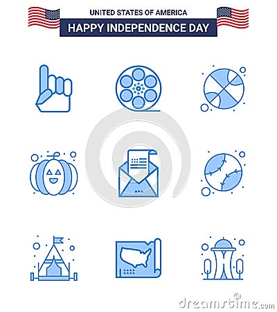 Set of 9 Modern Blues pack on USA Independence Day greeting; email; basketball; festival; food Vector Illustration