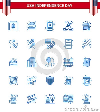 Set of 25 Modern Blues pack on USA Independence Day handbag; american; star; camp; tent free Vector Illustration