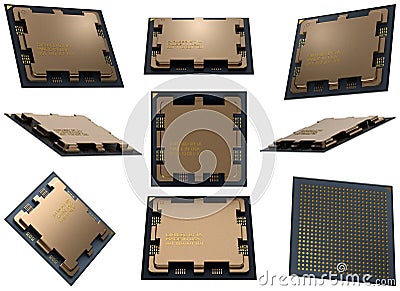 Set of modern central computer processors CPU illustrations concept, unit isolated on white. 3d rendering, concept image, digital Cartoon Illustration