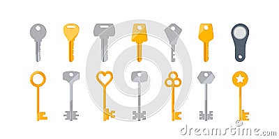 Set of Modern and Classic Door Keys Isolated on White Background, Silver, Golden, Magnetic Keys. Magic Fairytale, Secret Vector Illustration