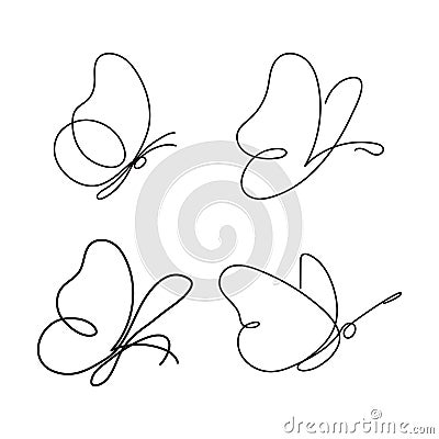 Set of modern continuous line butterfly. One line drawing of insect form for logo, card, banner, poster flyer. Vector Illustration