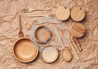 Set of modern cooking utensils on brown parchment, flat lay Stock Photo