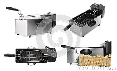 Set with modern deep fryers on white background Stock Photo