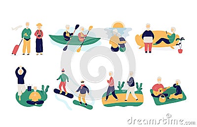 Set of old people keeping active healthy lifestyle Vector Illustration