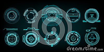 Set Modern Electronic Target Aiming Systems UI UX. Futuristic optical sight. Automatic navigation of combat scopes. Focusing and Vector Illustration