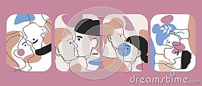 Set of modern faces with abstract shapes, vector stock illustration as concept of romance with kiss, hugs of couple Cartoon Illustration