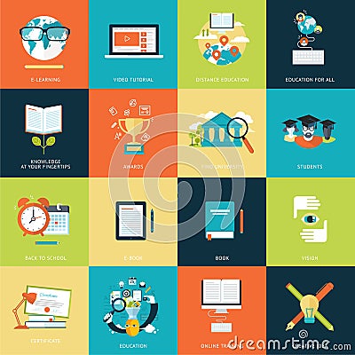 Set of modern flat design concept icons for online education Vector Illustration