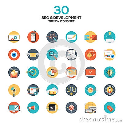 Set of modern flat design SEO and development icons Vector Illustration