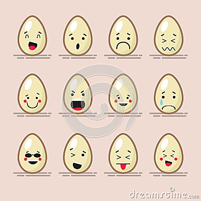 Set of 12 modern flat emoticons: Chicken egg, healthy natural food, smile, sadness and other emotions. Vector Vector Illustration