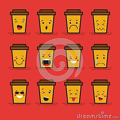 Set of 12 modern flat emoticons: Coffee take-away or coffee to go, cardboard cup with plastic lid, hot drink, smile Vector Illustration