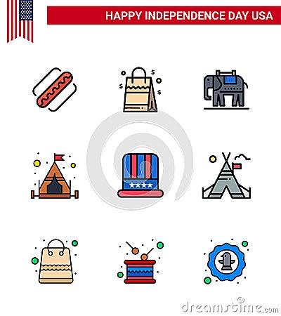Set of 9 Modern Flat Filled Lines pack on USA Independence Day usa; cap; elephent; hat; camping Vector Illustration