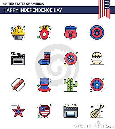 Set of 16 Modern Flat Filled Lines pack on USA Independence Day movis; medal; american; independence day; holiday Vector Illustration