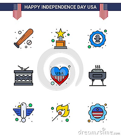 Set of 9 Modern Flat Filled Lines pack on USA Independence Day st; irish; american; instrument; badge Vector Illustration